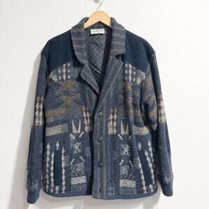 Luciano Chiari Sweater 48 Medium Southwest Aztec Wool Blend Cardigan Elbow Patch